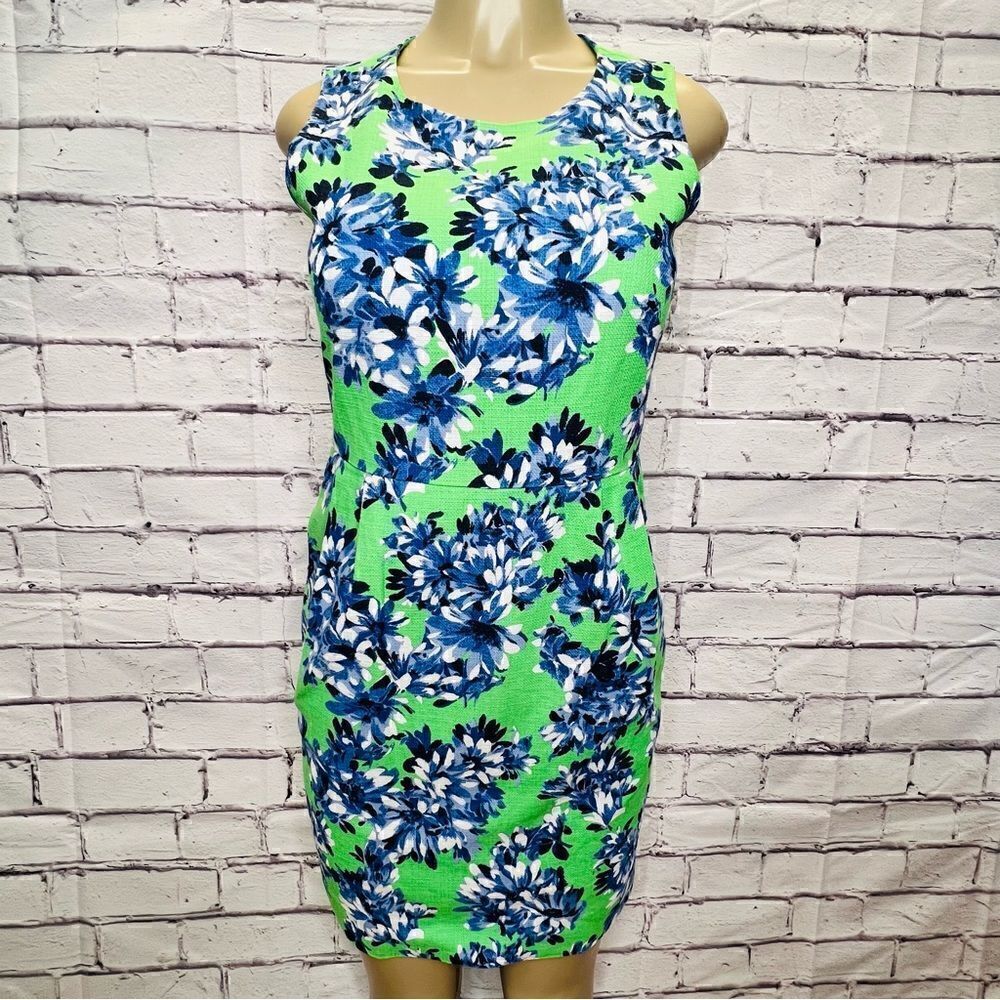 J. CREW Factory A5222 textured cotton green blue floral sheath dress